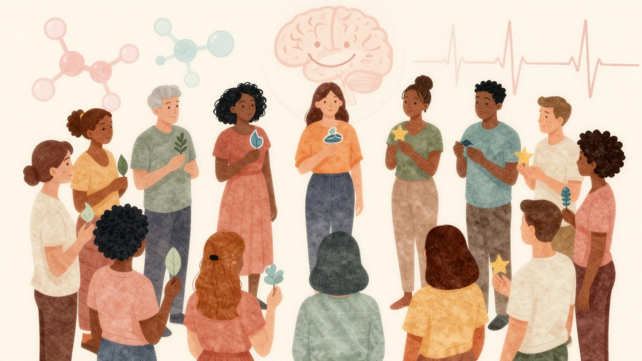 A diverse group of people standing in a circle, each holding symbols of self-care and well-being.