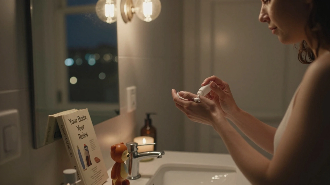 A person applying lubricant in a softly lit bathroom, surrounded by quiet rituals of self-connection.