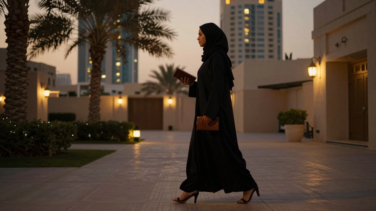 A woman in a modern abaya walking through a quiet Dubai courtyard at dusk, framed by lantern light.