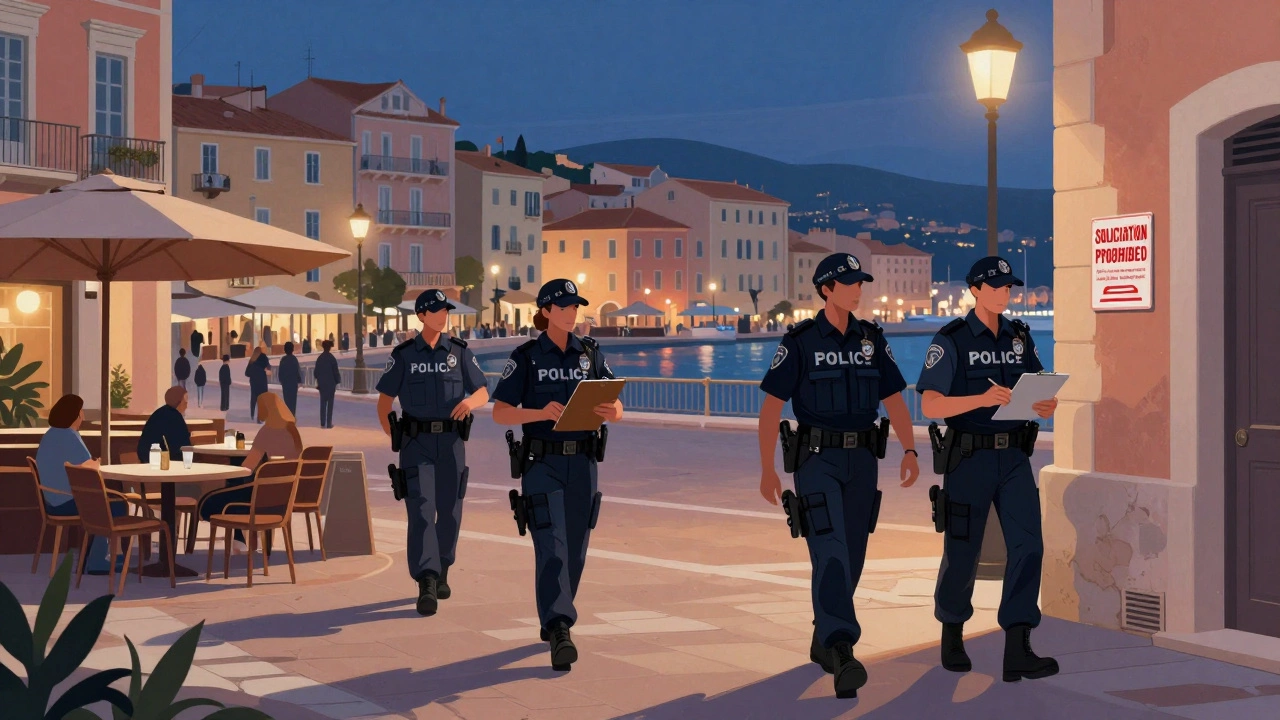 French police patrol in Ajaccio’s tourist square at dusk, emphasizing legal enforcement against solicitation.