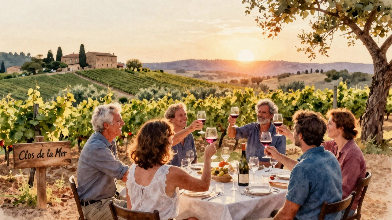 Travelers enjoying sunset wine tasting on a Corsican vineyard, surrounded by hills and olive trees.